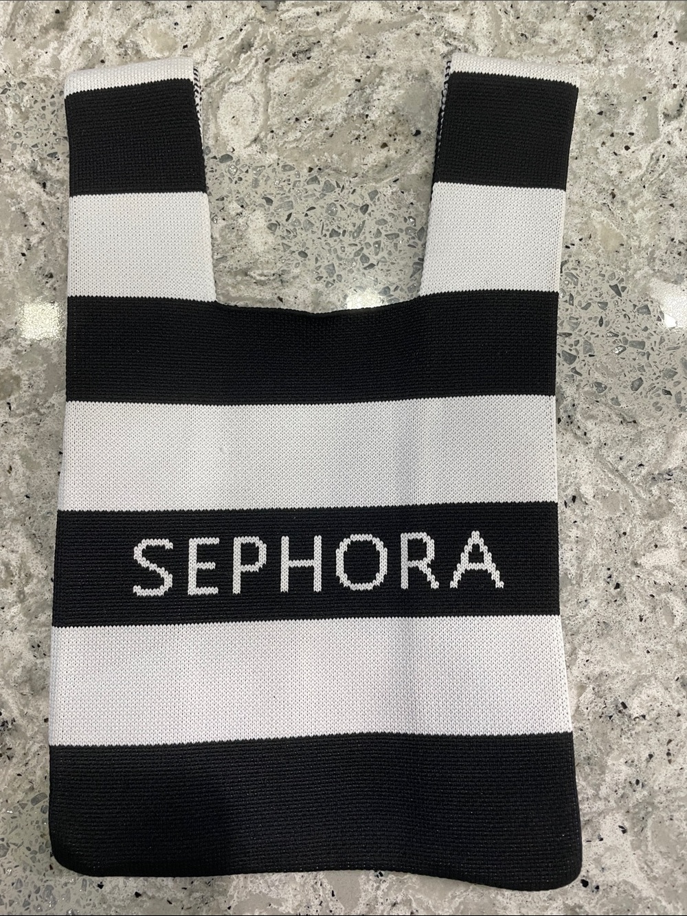 SEPHORA Black White Stripe Knitted Tote Shopping Bag Limited Edition 8"x13.5"